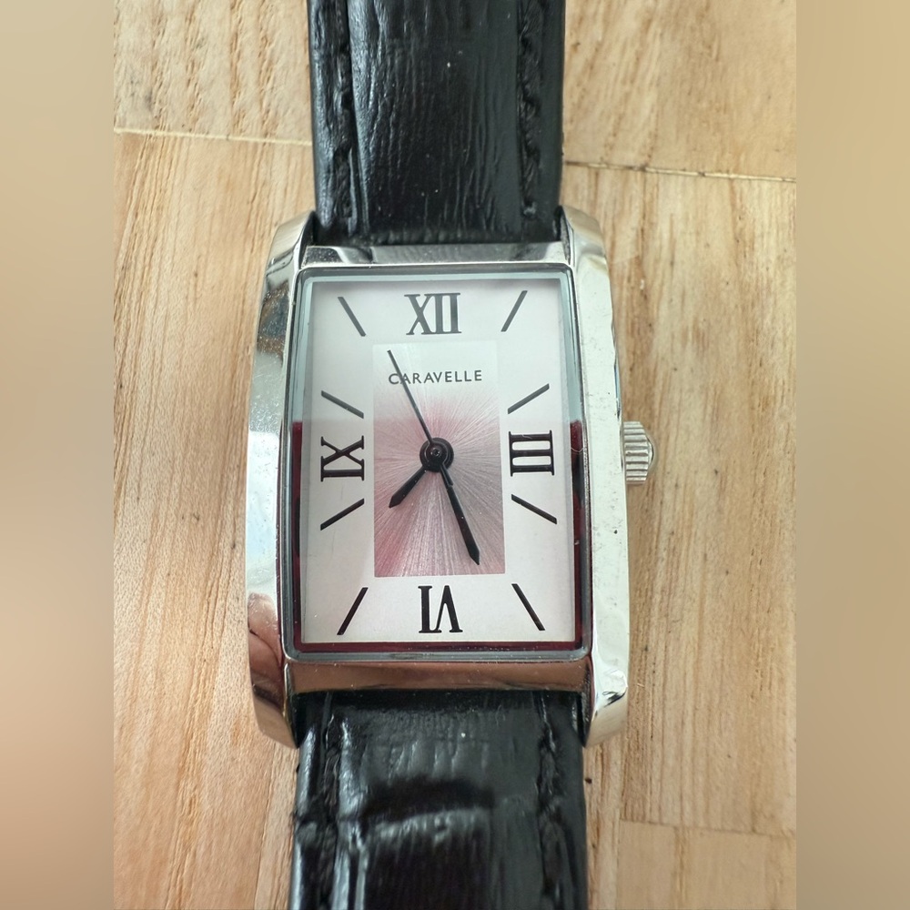 Caravelle by Bulova ladies rectangular silver tone dress watch NEW BATTERY